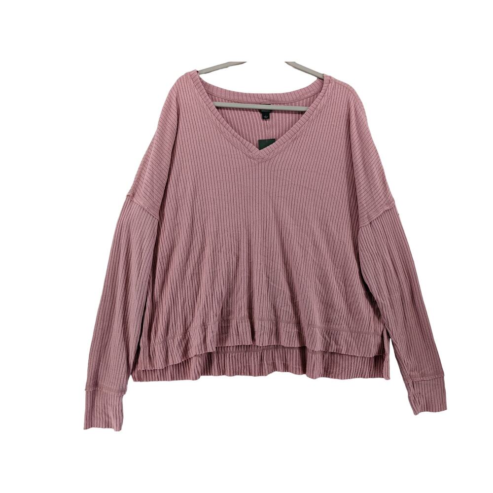 Wild Fable Oversize‎ Sweater L Pink Ribbed Knit Hi Low Boxy Side Slit V Neck Top - Picture 12 of 13